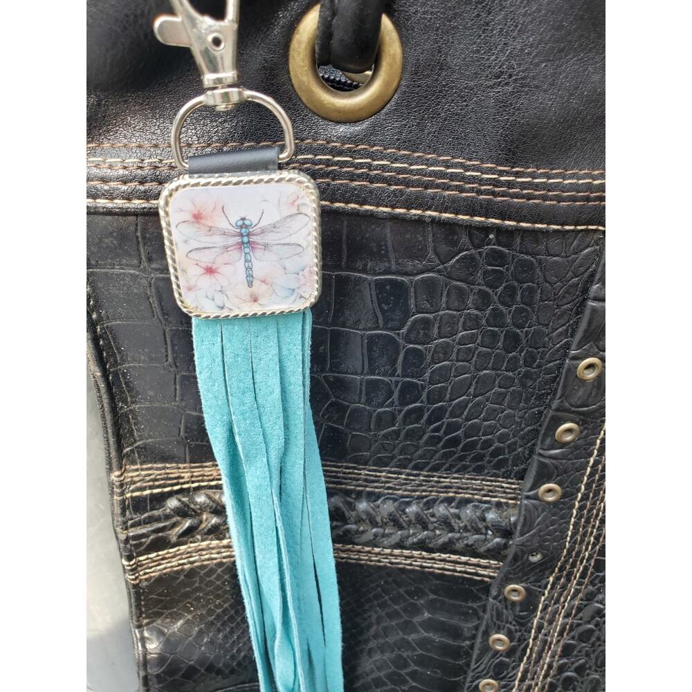 Handmade dragonfly lover Leather Fringe Western bag charm, Long fringe keychain